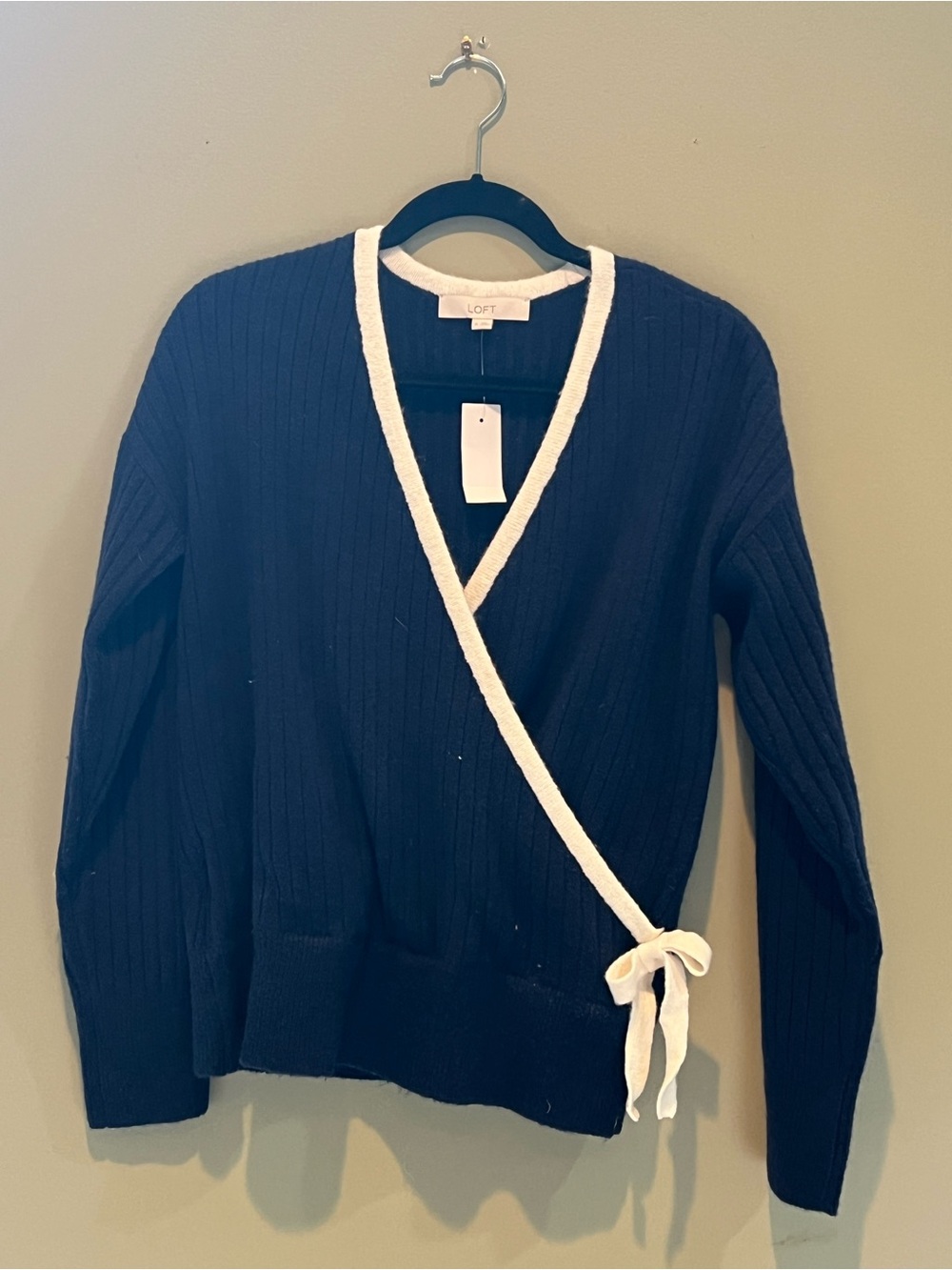 LOFT Navy Wrap Sweater with Cream Trim